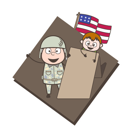 Cartoon Army Man with Little Boy and Message Banner Vector Illustrationのイラスト素材