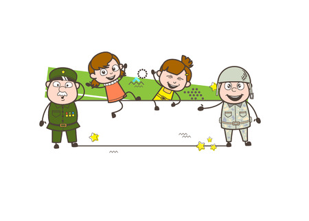 Two Army Man with Two Naughty Kids and Ad Banner Vector Illustrationのイラスト素材