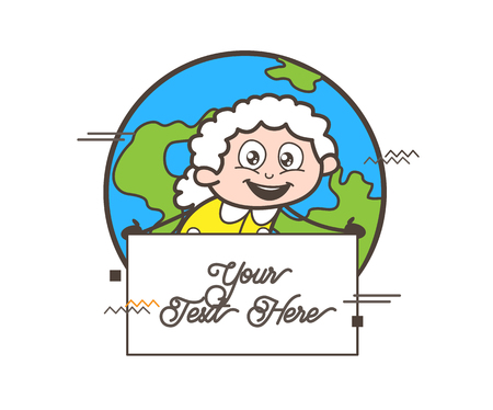 Cartoon Granny with Blank Banner Isolated on Earth Background Vector Illustrationのイラスト素材
