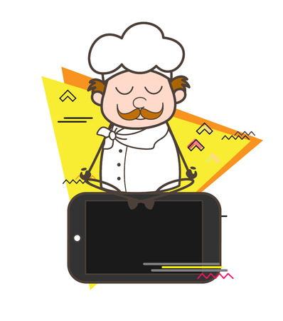 Cartoon Chef Doing Meditation on Mobile Vector Illustrationのイラスト素材