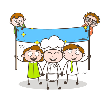Cartoon Chef with Happy Kids and Banner Vector Illustrationのイラスト素材