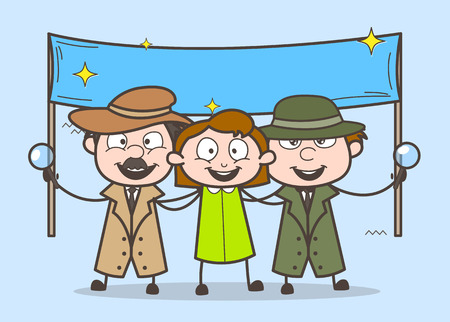 Cartoon Detective with Happy Girl and Banner Vector Illustrationのイラスト素材
