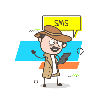Cartoon Detective Reading Sms Vector Illustrationのイラスト素材
