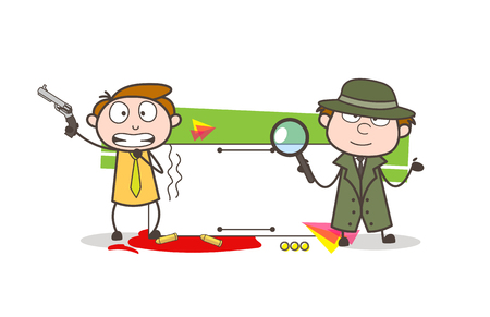 Cartoon Detective with Scared Boy Holding a Gun Vector Illustrationのイラスト素材