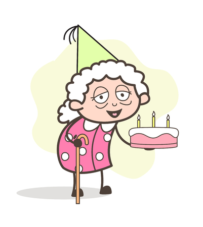 Cartoon Old Grand Mother Celebrating Her Birthday Vector Illustrationのイラスト素材