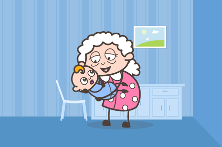 Cartoon Granny Playing with Cute New Born Grandson Vector Graphicのイラスト素材