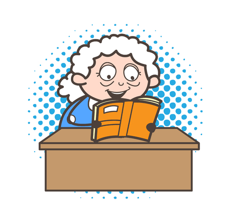 Cartoon granny reading funny jokes and laughing vector graphicのイラスト素材
