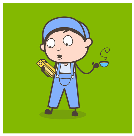 Cartoon Young Boy Holding a Book and Hot Tea Vector Illustrationのイラスト素材