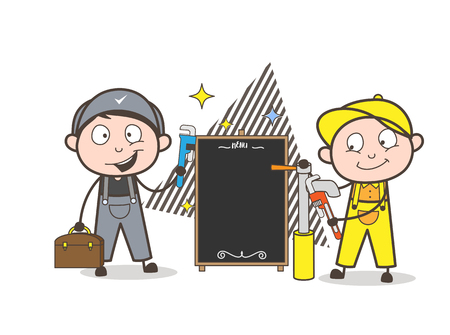 Cartoon Serviceman with Advertisement Banner Vector Illustrationのイラスト素材