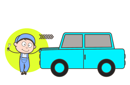 Cartoon Mechanic with Car Vector Illustrationのイラスト素材