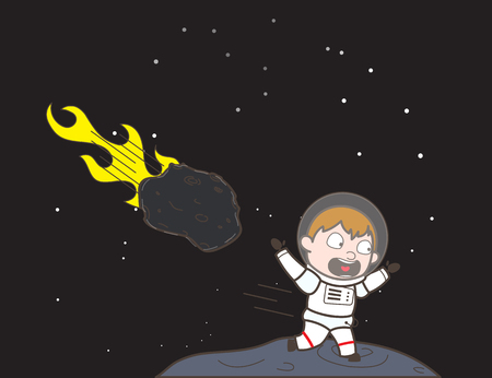 Cartoon Scared Cosmonaut Running Away from Asteroid Vector Illustrationのイラスト素材