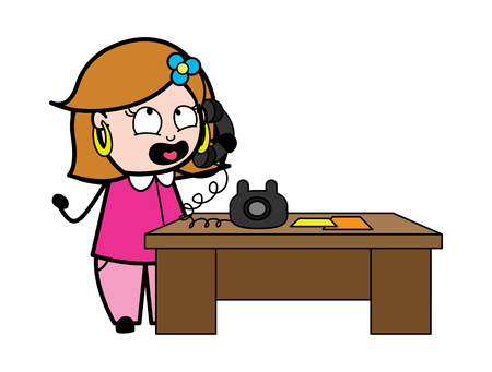 Talking on Phone - Retro Cartoon Female Housewife Mom Vector Illustrationのイラスト素材