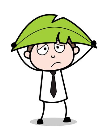 Protecting with Leaf - Office Businessman Employee Cartoon Vector Illustrationのイラスト素材