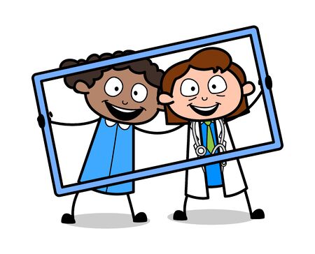 Holding Frame and Taking Picture - Retro Black Office Girl Cartoon Vector Illustrationのイラスト素材