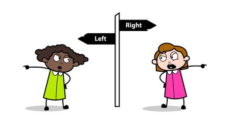 Fighting for Go Different Direction - Retro Black Office Girl Cartoon Vector Illustrationのイラスト素材