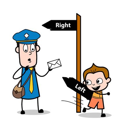A Kid is Playing with Postman - Retro Postman Cartoon Courier Guy Vector Illustrationのイラスト素材