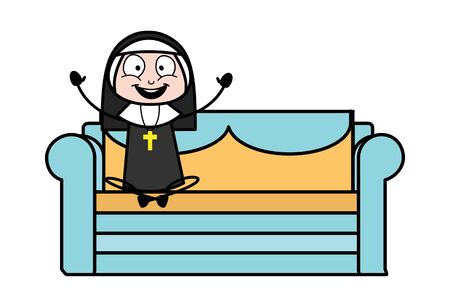 Raising Hands and Cheer Up - Cartoon Nun Lady Vector Illustrationのイラスト素材