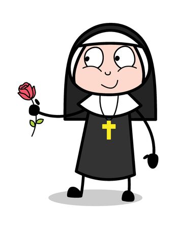 Giving Rose in Gift - Cartoon Nun Lady Vector Illustrationのイラスト素材