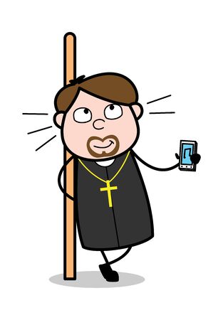 Showing a Music Device - Cartoon Priest Monk Vector Illustrationのイラスト素材