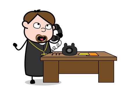 Talking on Telephone - Cartoon Priest Monk Vector Illustrationのイラスト素材