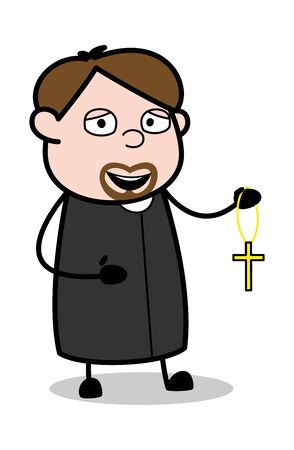 Showing a Holy Cross Pendant - Cartoon Priest Monk Vector Illustrationのイラスト素材