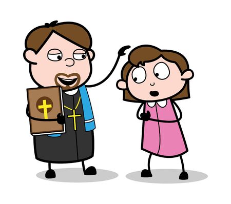 Giving Blessings to a Girl - Cartoon Priest Monk Vector Illustrationのイラスト素材
