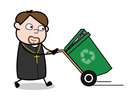 Dragging a Recycle Bin - Cartoon Priest Monk Vector Illustrationのイラスト素材