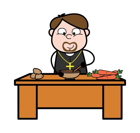 Preparing Food - Cartoon Priest Monk Vector Illustrationのイラスト素材
