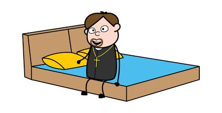 Sitting and Relaxing on Bed - Cartoon Priest Monk Vector Illustrationのイラスト素材