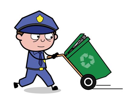 Running with Recycle Bin - Retro Cop Policeman Vector Illustrationのイラスト素材