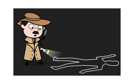 Investigating Murder Place for Proof - Retro Cartoon Police Agent Detective Vector Illustrationのイラスト素材