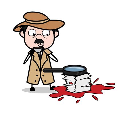 Magnifier on Blood Files - Retro Cartoon Police Agent Detective Vector Illustrationのイラスト素材