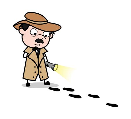 Investigating on Foot Print with Torch - Retro Cartoon Police Agent Detective Vector Illustrationのイラスト素材