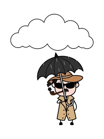 Standing in Rain with Umbrella - Retro Cartoon Police Agent Detective Vector Illustrationのイラスト素材