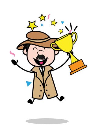 Jumping in Excitement After Getting Trophy in Award - Retro Cartoon Police Agent Detective Vector Illustrationのイラスト素材