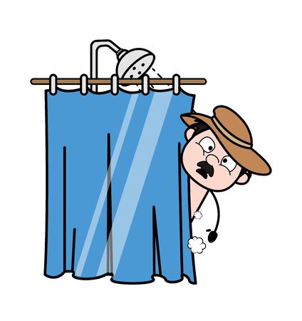 Shockingly Watching Outside While Going to Take a Bath - Retro Cartoon Police Agent Detective Vector Illustrationのイラスト素材