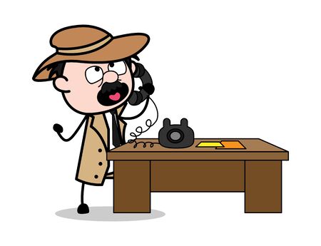 Talking on Phone - Retro Cartoon Police Agent Detective Vector Illustrationのイラスト素材