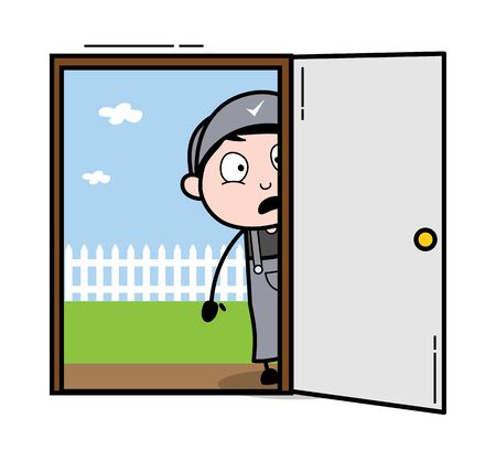 Scared after See Inside The House - Retro Repairman Cartoon Worker Vector Illustrationのイラスト素材