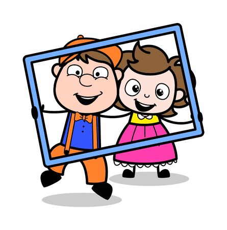 Holding a Frame for Photo - Retro Cartoon Carpenter Worker Vector Illustrationのイラスト素材