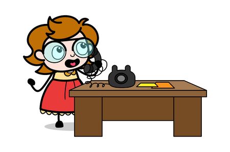 Talking on Telephone - Teenager Cartoon Intelligent Girl Vector Illustrationのイラスト素材