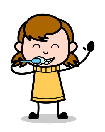 Cleaning Teeth - Retro Cartoon Girl Teen Vector Illustrationのイラスト素材