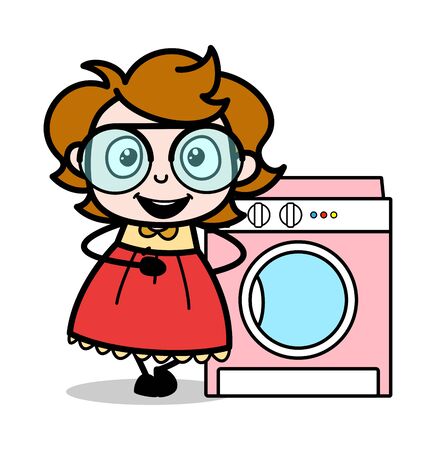 Presenting a Washing Machine - Teenager Cartoon Intelligent Girl Vector Illustrationのイラスト素材