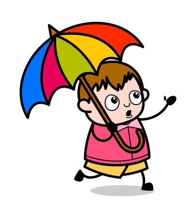 Running with Umbrella in Rain - Teenager Cartoon Fat Boy Vector Illustrationのイラスト素材