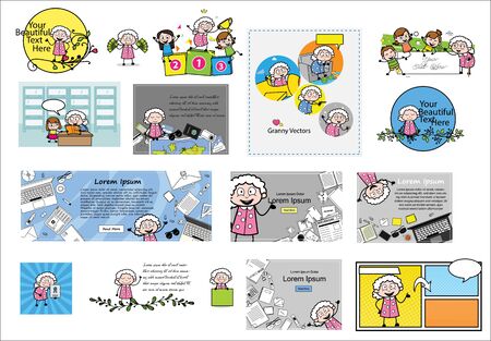 Collection of Concepts with Old Granny - Different Retro Vector illustrationsのイラスト素材