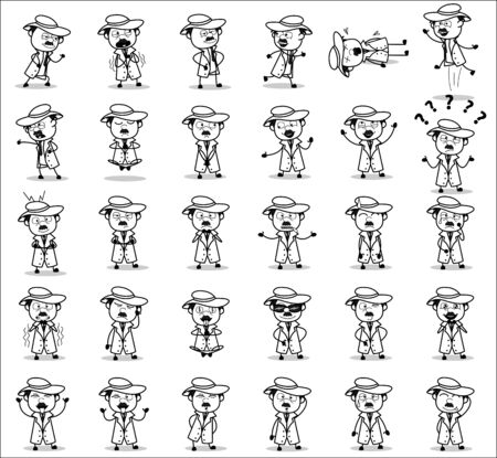 Drawing Art of Retro Detective Agent Poses - Set of Concepts Vector illustrationsのイラスト素材