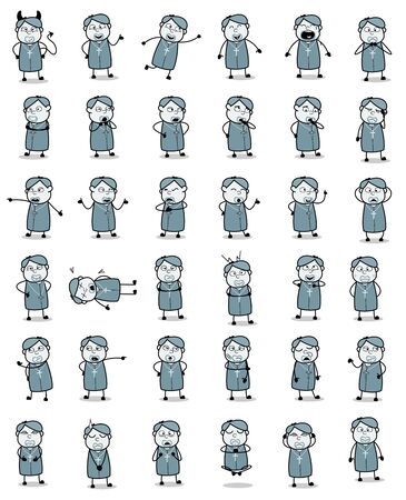 Various Comic Priest Monk Poses - Collection of Vintage Concepts Vector illustrationsのイラスト素材