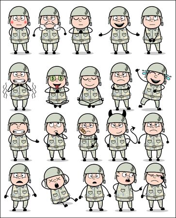 Poses of Cartoon Army Man - Set of Concepts Vector illustrationsのイラスト素材