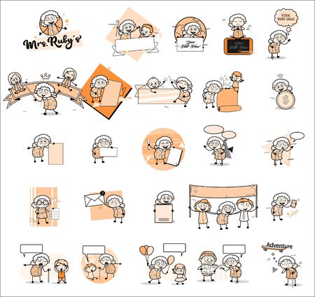 Various Vintage Concepts with Old Granny - Set of Concepts Vector illustrationsのイラスト素材