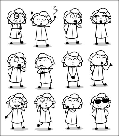 Office Female Worker - Black and White Set of Concepts Vector illustrationsのイラスト素材