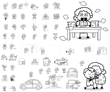Various Comic Retro Old Granny - Different Concepts Vector illustrationsのイラスト素材